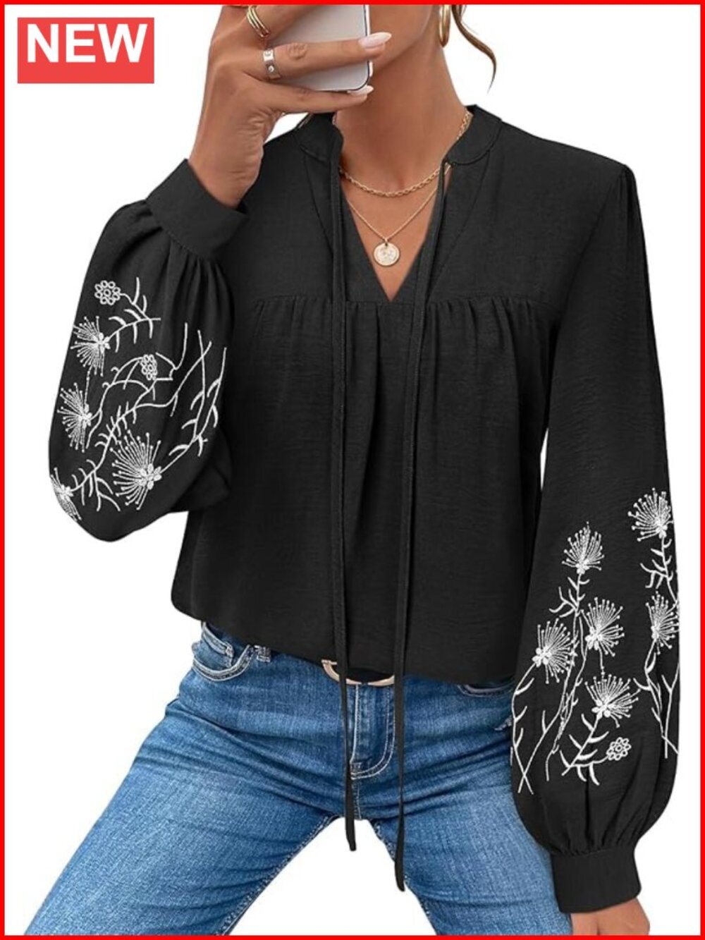 Womens Floral Embroidered Boho Top Long Sleeve Blouse